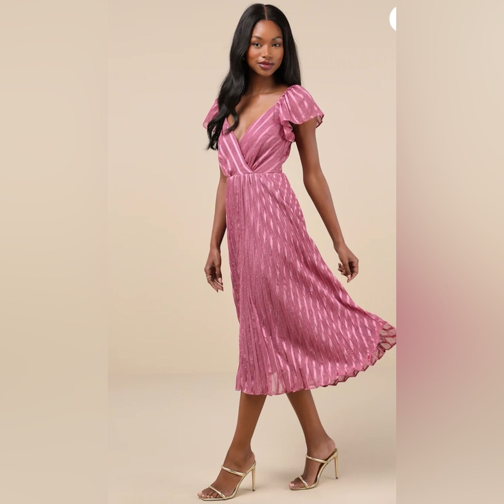 NWT Lulus Dress Standout Sophistication Mauve Lurex Flutter Sleeve Midi Dress
